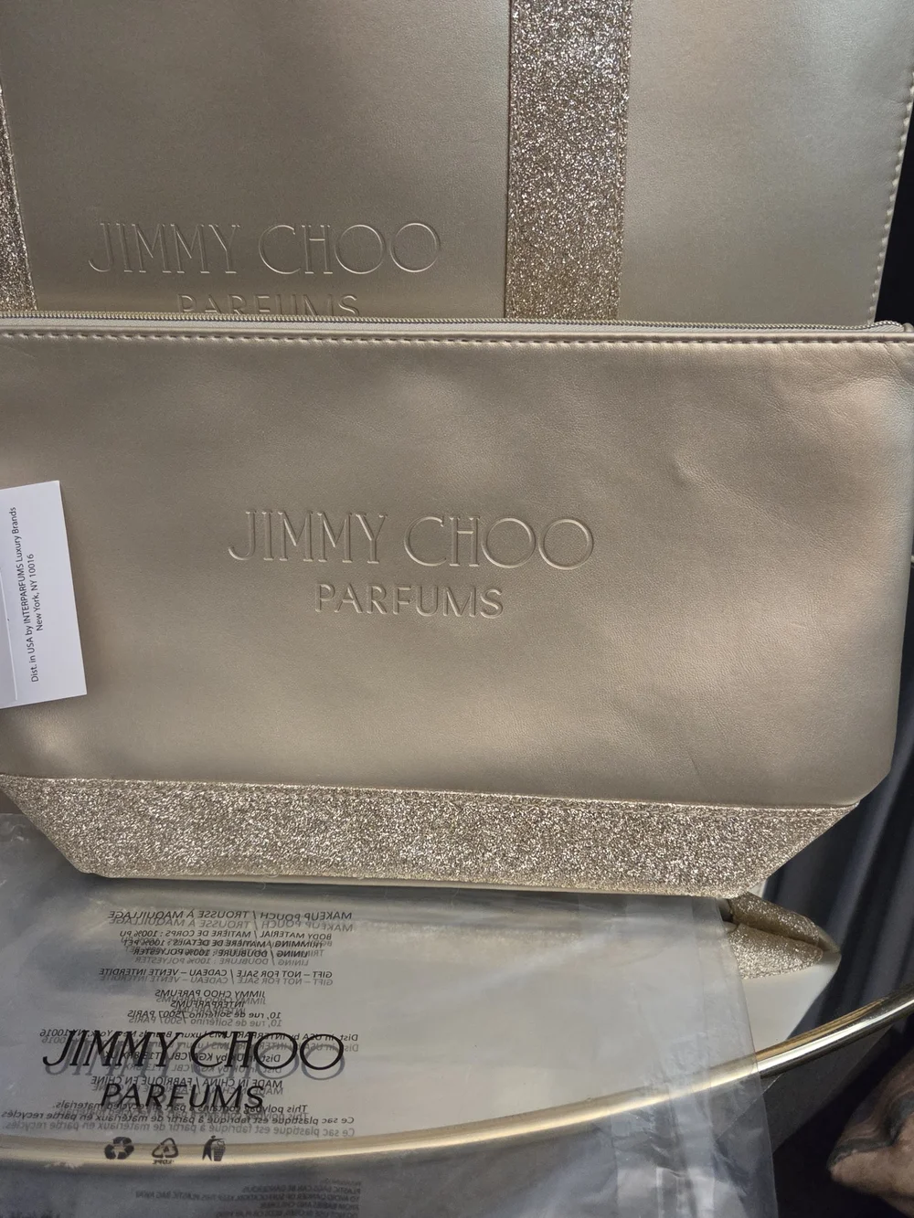 NWT Jimmy Choo Metallic Gold Tote with Glitter Strap and matching  Pouch